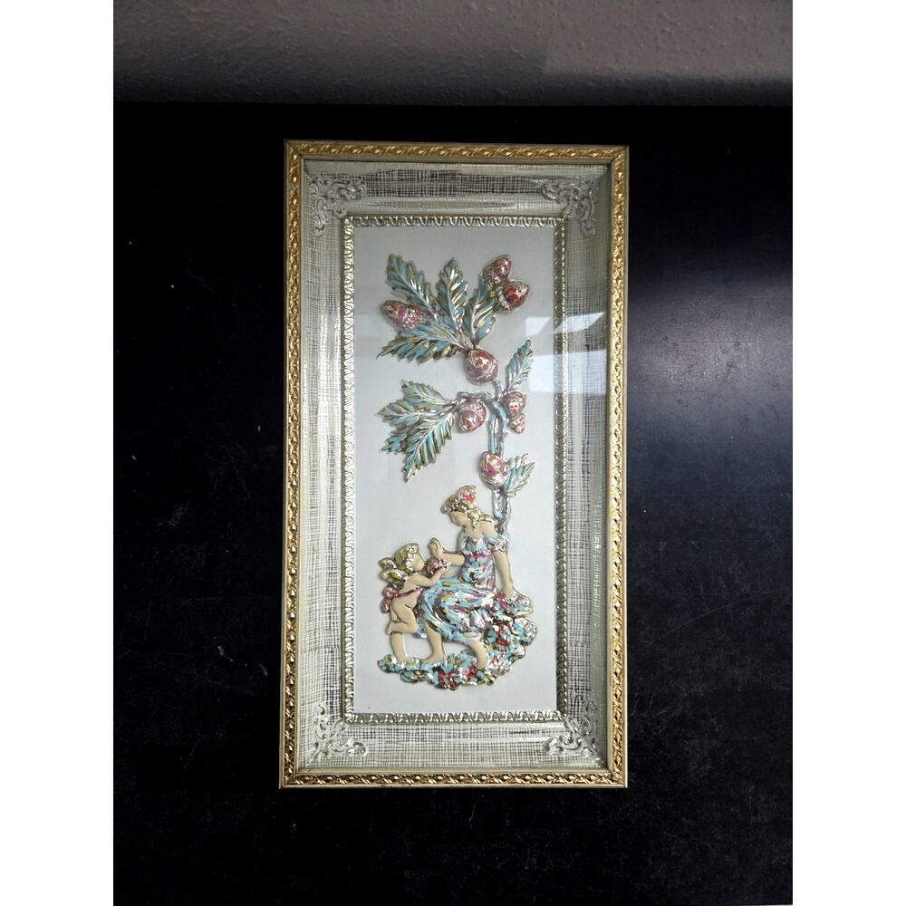 Metalcraft 15"x8" Rococo Relief Wall Plaque Lady & Cherub Vintage Romantic